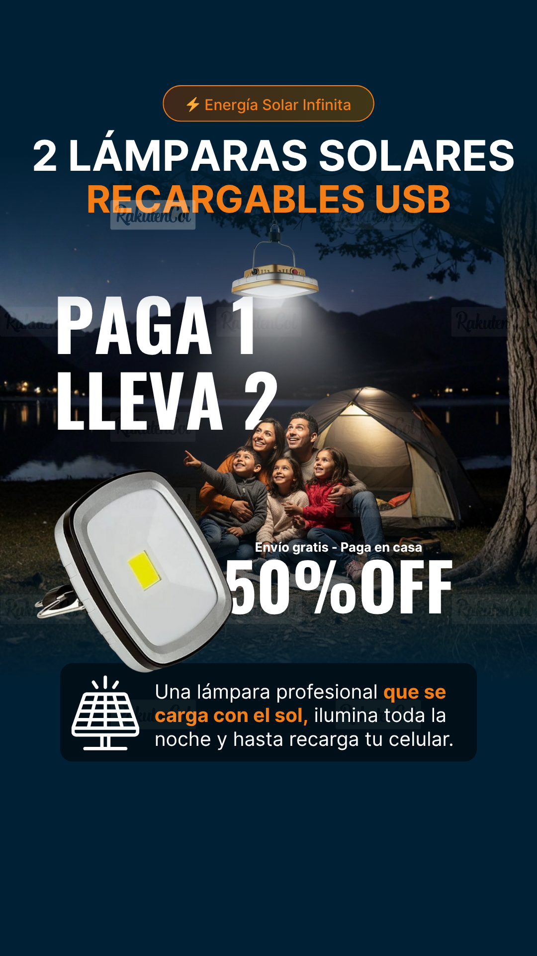 Lámpara Led Solar Usb Recargable Camping comobo 2 x 1
